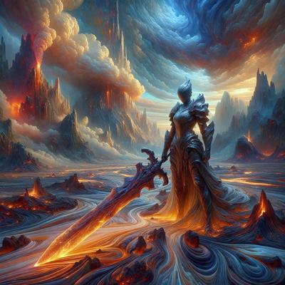 The primary subject of the image is a woman standing in a surreal landscape. She is holding a sword and appears to be the main focus of the scene. The setting is a combination of a rocky, mountainous terrain and a cloudy sky, creating a dramatic and otherworldly atmosphere. The visual style of the image is digital art, with the woman and her surroundings depicted in a detailed and intricate manner. The colors in the image are predominantly dark and moody, with the woman's outfit